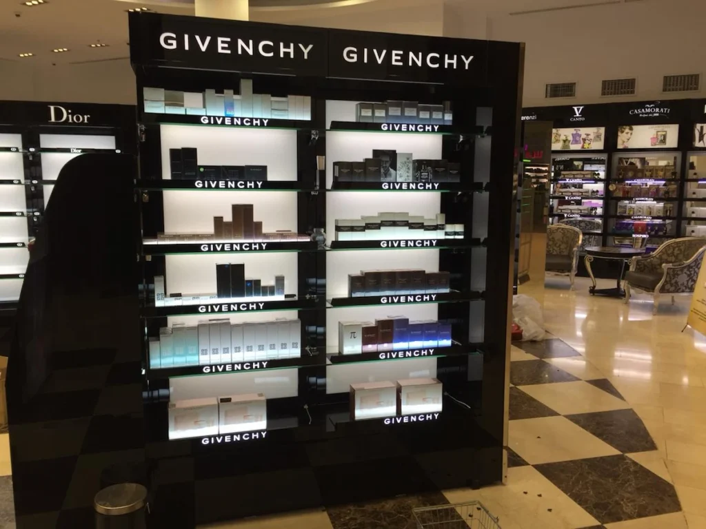 Premium perfume POS display for Givenchy, installed in a cosmetics shop in Plano